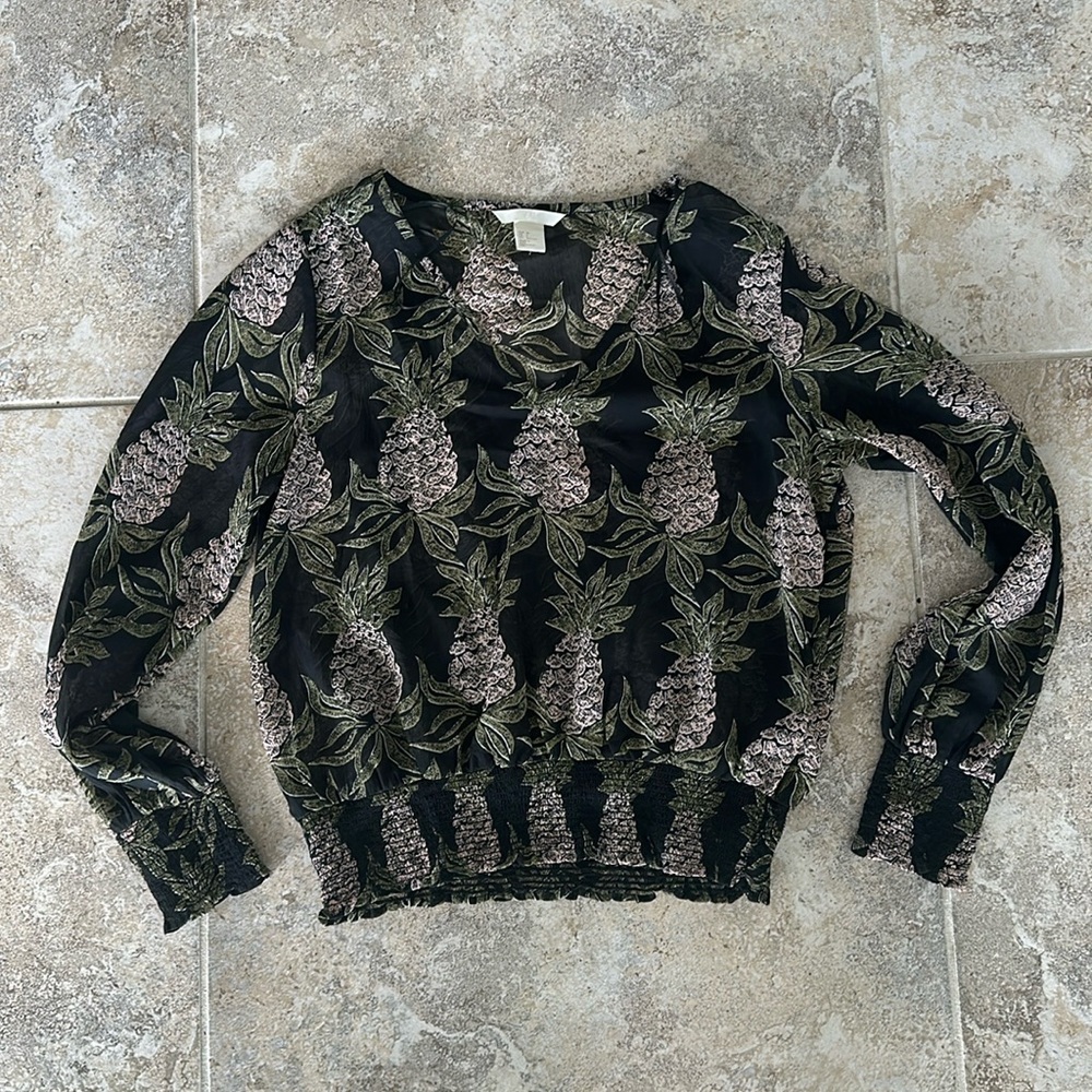 H&M Black Pineapple semi sheer Smocked Long-sleeve Top Size 2 XS